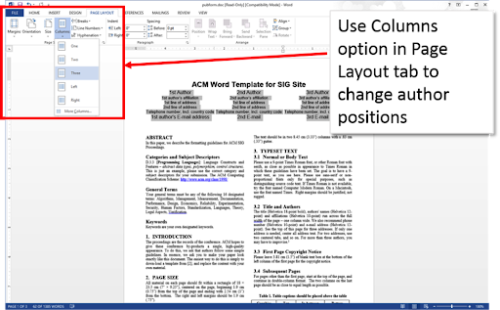 Use Word's Columns option in the Page Layout tab to change author positions